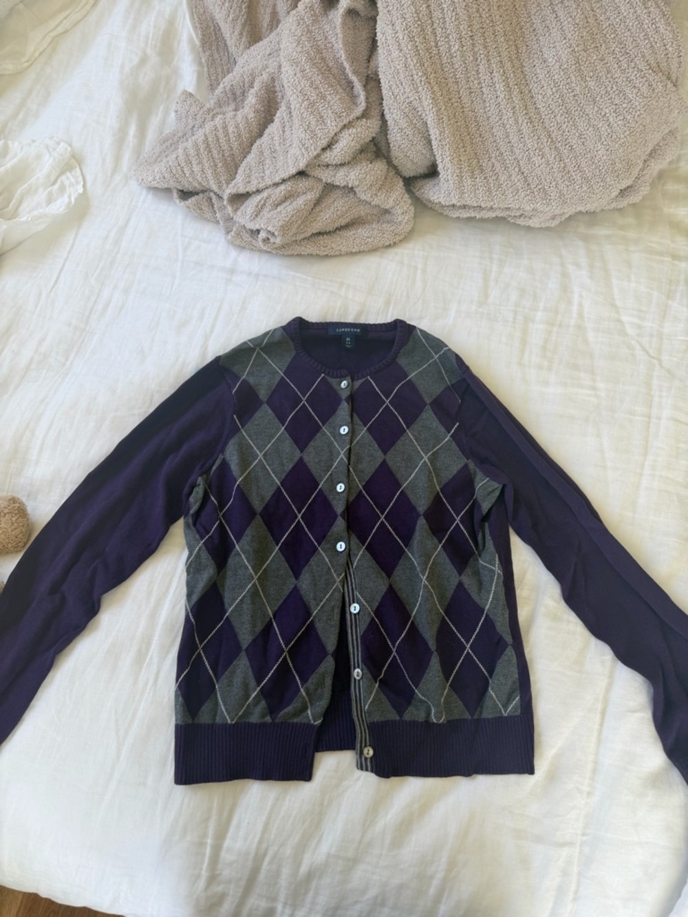 Purple and gray argyle lands end cardigan